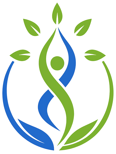 Abstract human figure made of green and blue leaves.